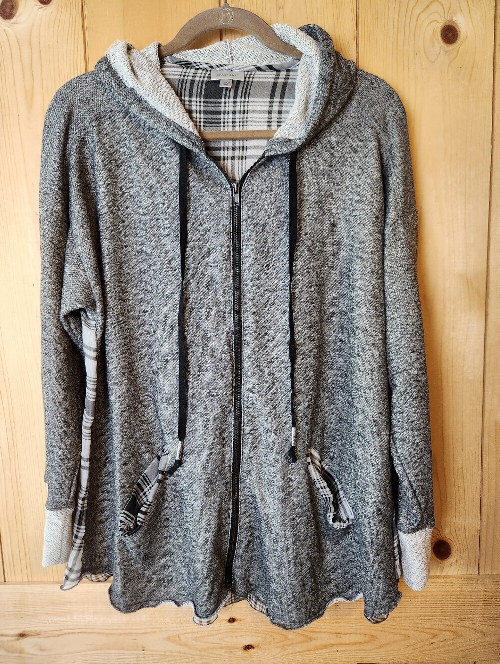 Avenue Gray Marbled Mixed Media Fabric Plaid Sheer Full Zip Hoodie Jacket Top